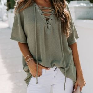 Vici Tundra Lace Up Knit Top in Olive (S)